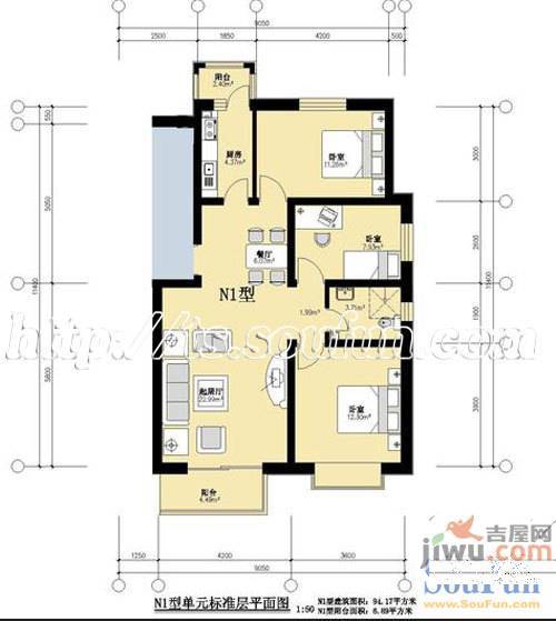 恒益馨苑3室2厅1卫100.1㎡户型图