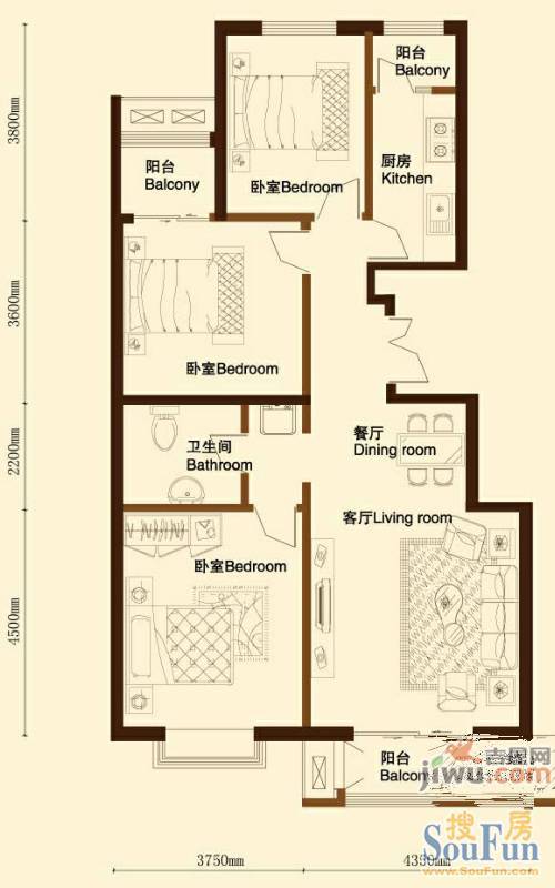 御景名苑3室2厅1卫121.2㎡户型图