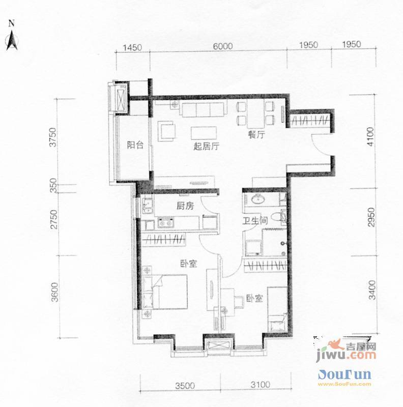 鹭港小区2室2厅1卫户型图