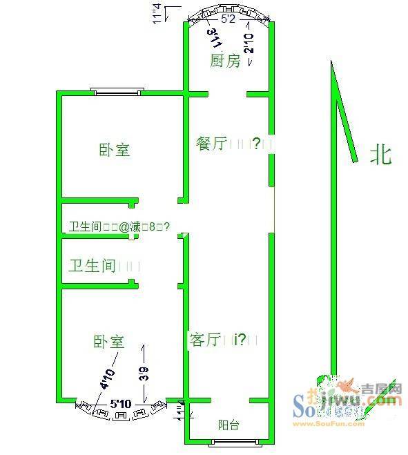 繁荣花园2室2厅1卫92㎡户型图