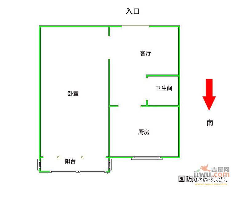 国防楼2室1厅1卫51㎡户型图