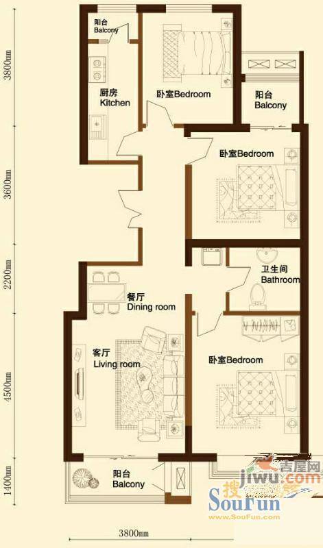 御景花园2室1厅1卫59.4㎡户型图