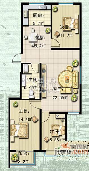 和谐新村3室1厅1卫97.4㎡户型图