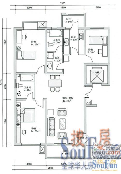 河畔人家2室2厅1卫82.1㎡户型图