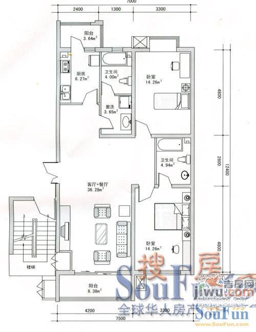 河畔人家2室2厅1卫82.1㎡户型图