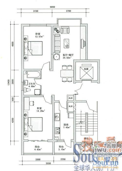 河畔人家2室2厅1卫82.1㎡户型图