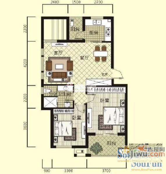 逸景新城2室2厅1卫98㎡户型图