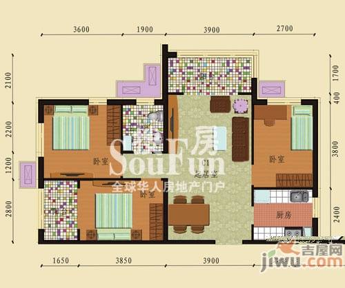 盛世华庭3室2厅1卫102㎡户型图