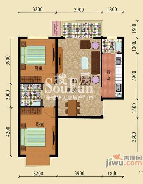 盛世华庭2室2厅1卫91㎡户型图