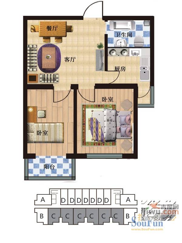 凤凰春城2室2厅1卫59.8㎡户型图