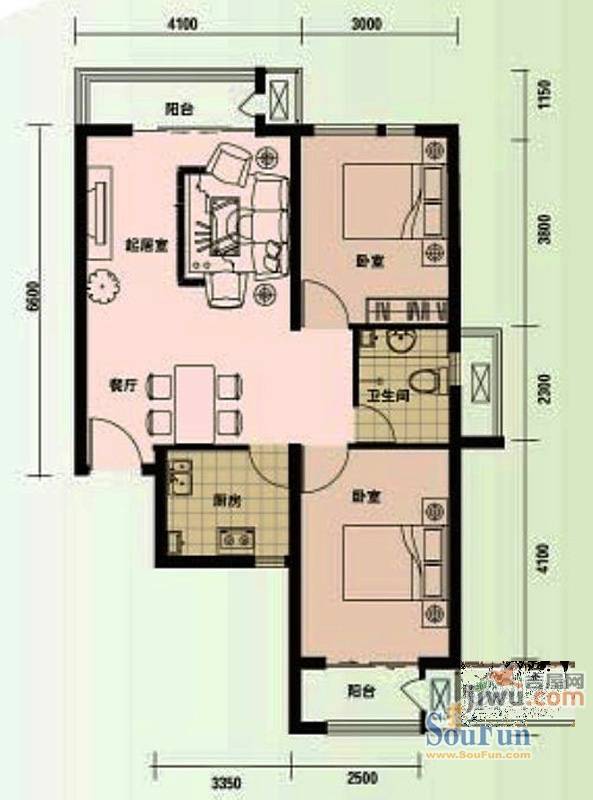 泰和小区2室2厅1卫84.7㎡户型图