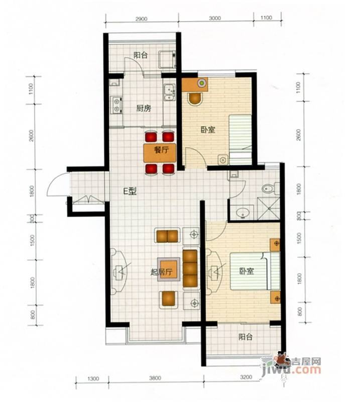 宏坤馨港家园2室2厅1卫91.1㎡户型图