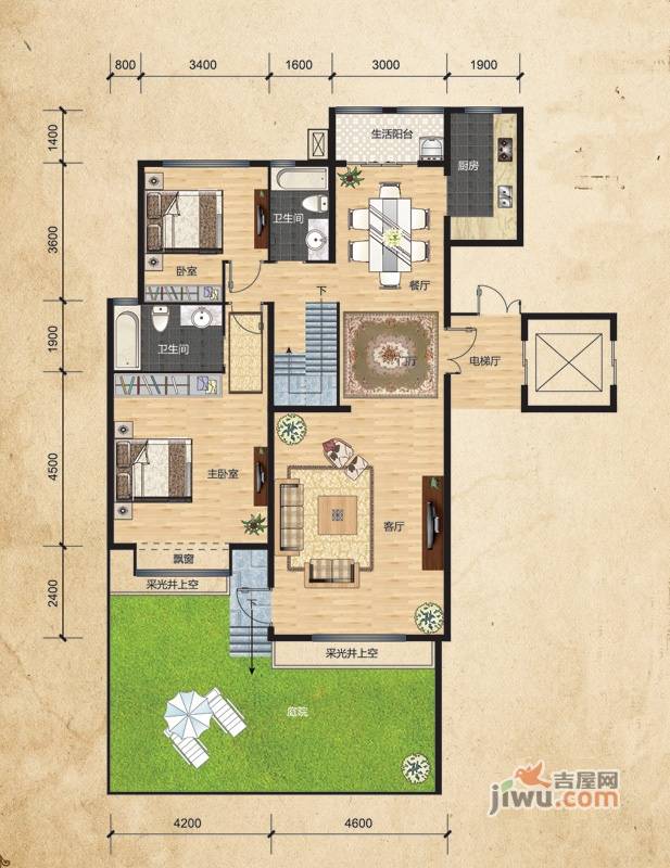 乡居假日二期香醍园2室2厅2卫133.9㎡户型图