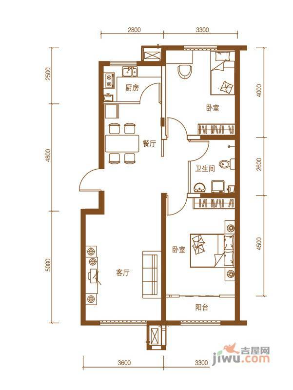 浭阳新城2室2厅1卫96.7㎡户型图