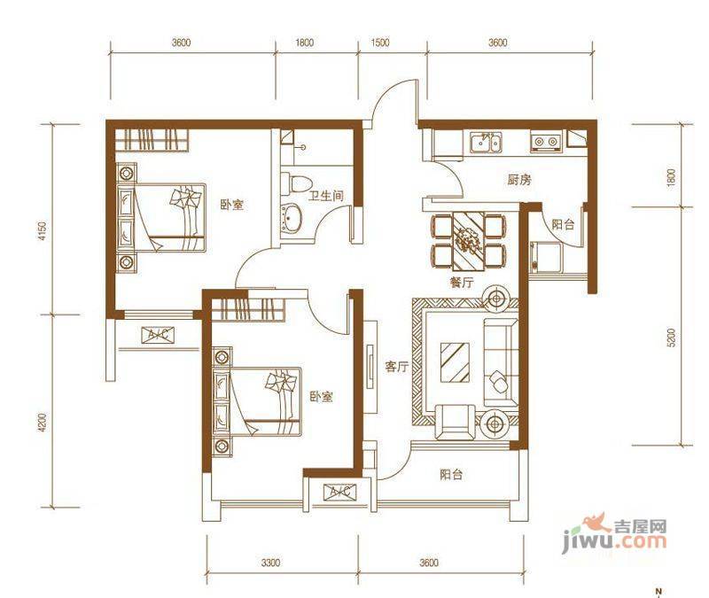 浭阳新城2室2厅1卫90㎡户型图