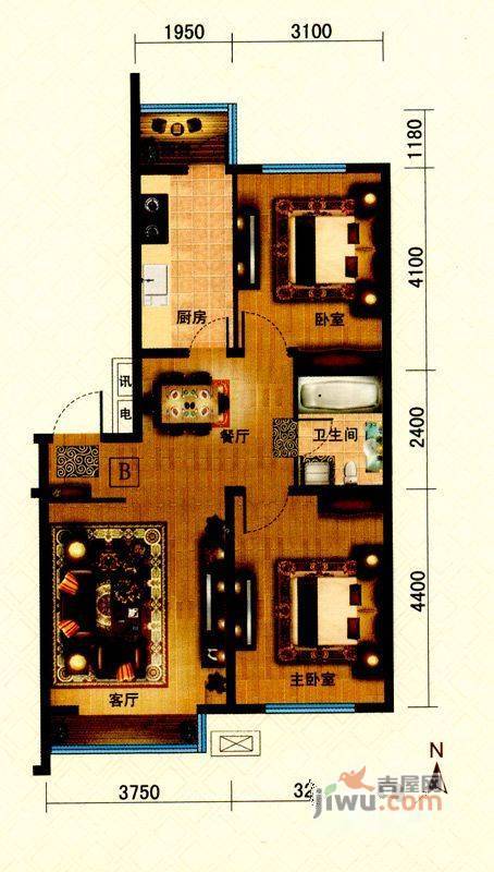 金色河畔2室2厅1卫82.3㎡户型图