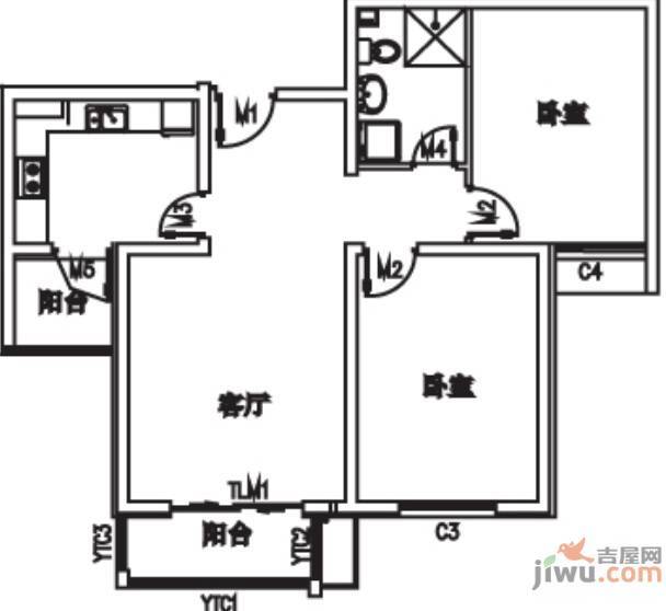 滨海名居2室2厅1卫90㎡户型图