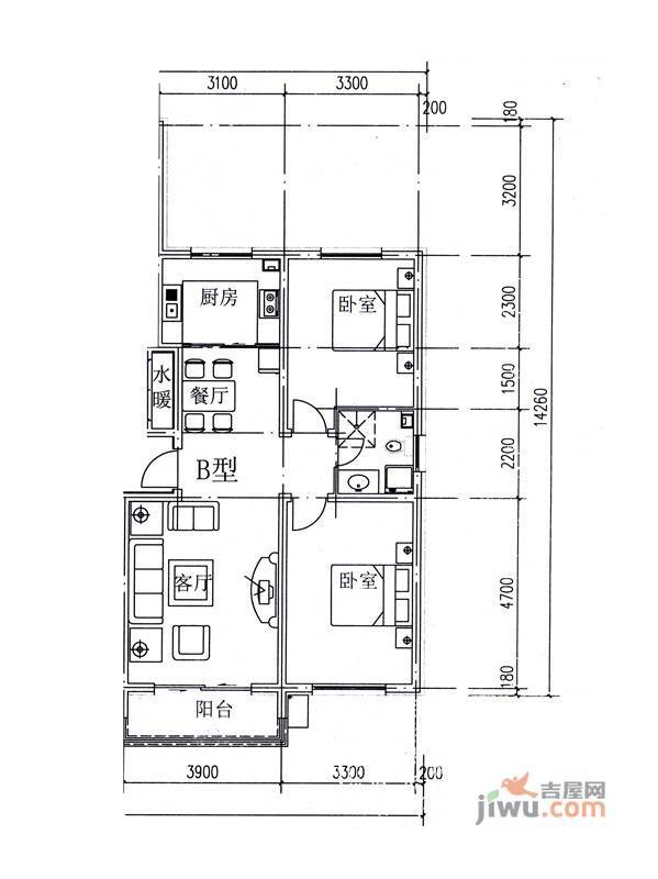金港国际静园2室2厅1卫112.7㎡户型图