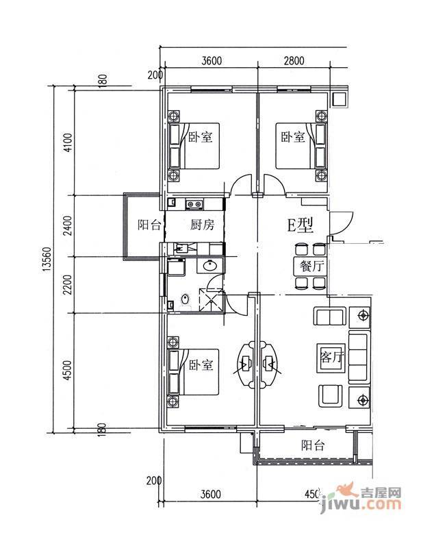 金港国际静园3室2厅1卫119.8㎡户型图