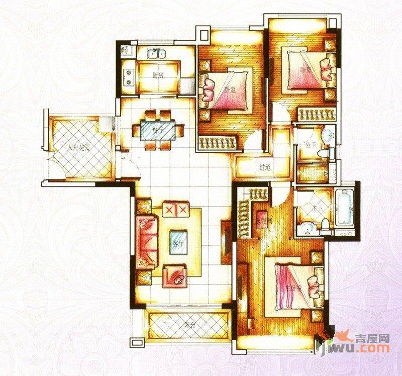 锦绣国际花城3室2厅2卫134㎡户型图