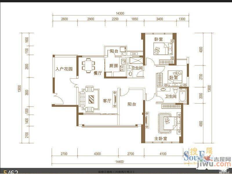 君华新城3室2厅2卫103㎡户型图