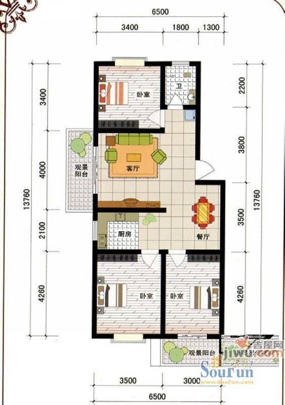 西城新都3室2厅1卫96.7㎡户型图