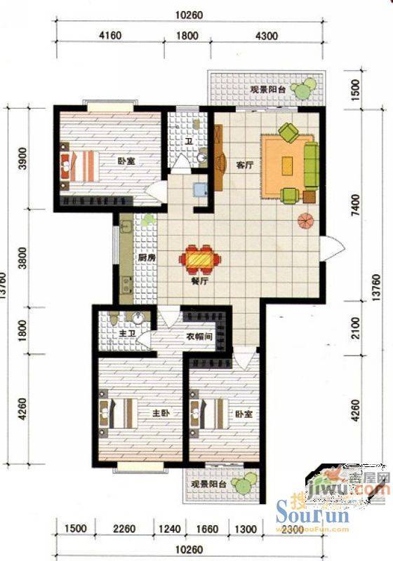 西城新都3室2厅2卫121.7㎡户型图