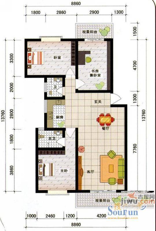 西城新都3室2厅2卫114.9㎡户型图