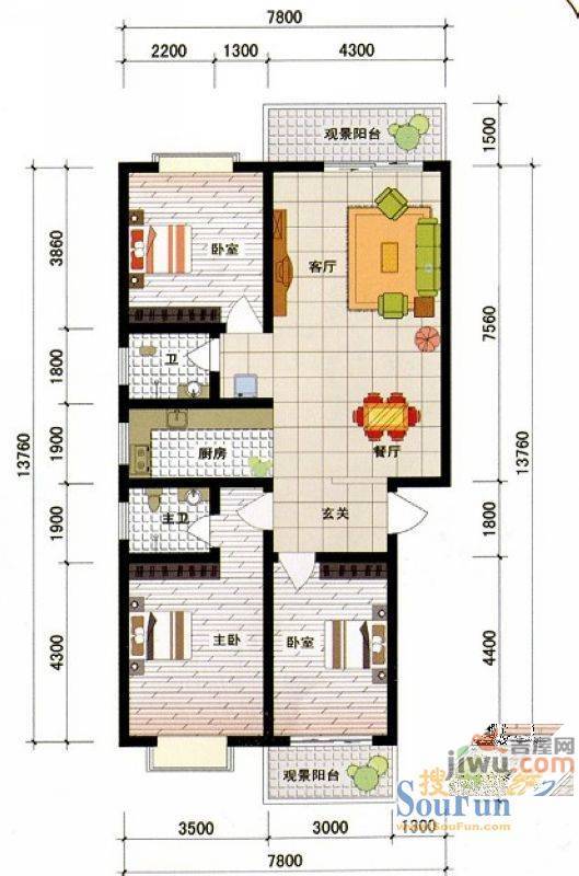 西城新都3室2厅2卫115.1㎡户型图