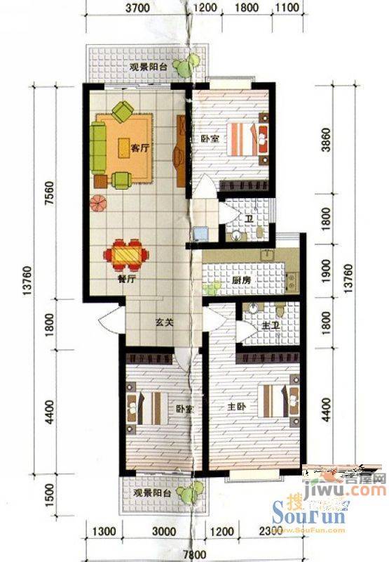 西城新都3室2厅2卫108.3㎡户型图