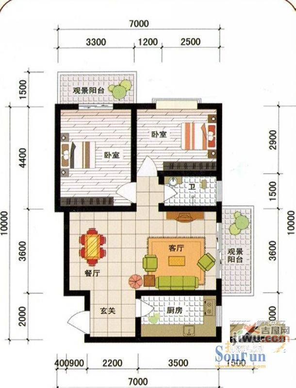 西城新都2室2厅1卫76.9㎡户型图