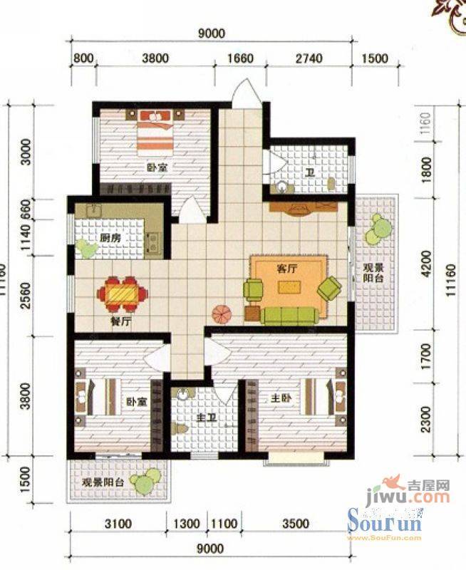 西城新都3室2厅2卫108.2㎡户型图