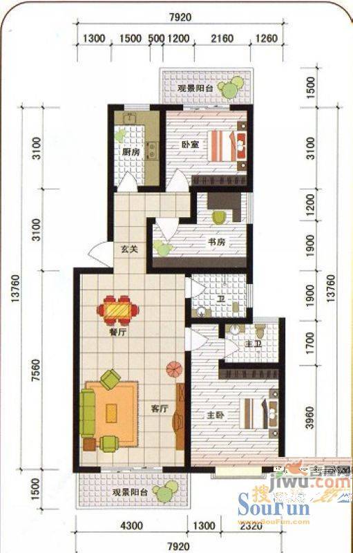 西城新都3室2厅2卫106.3㎡户型图