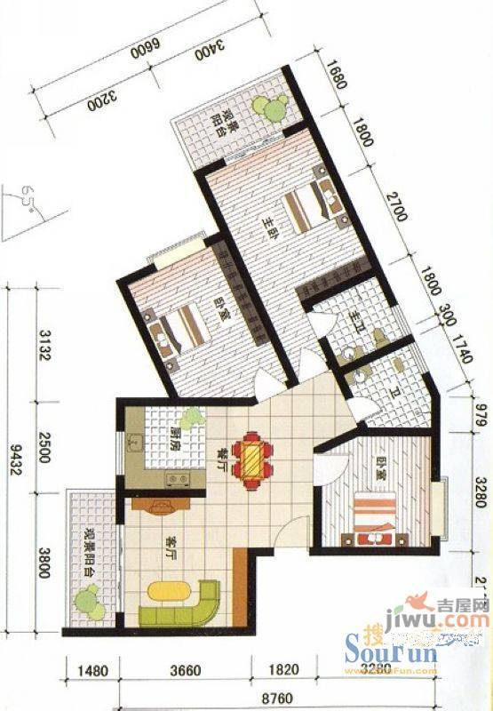 西城新都3室2厅2卫99.4㎡户型图