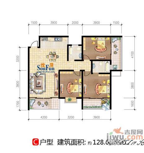 阳光大厦3室1厅2卫128.7㎡户型图