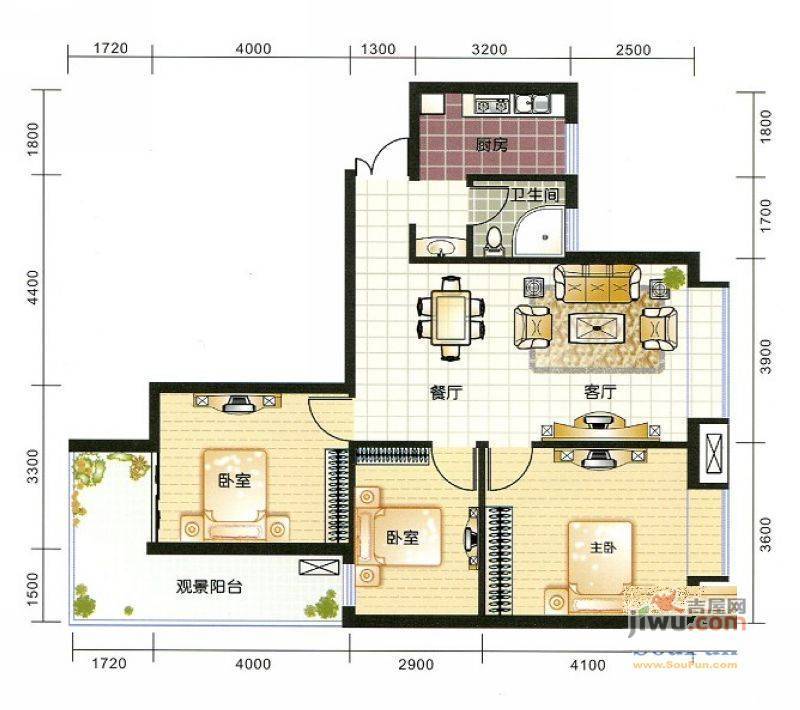 景泰佳园3室2厅1卫100㎡户型图