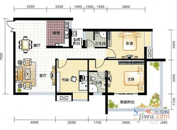 景泰佳园3室2厅2卫121.7㎡户型图