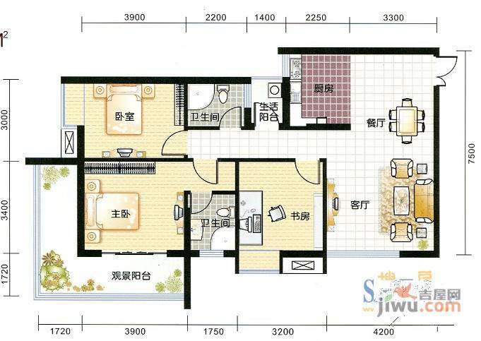 景泰佳园3室2厅2卫121.7㎡户型图