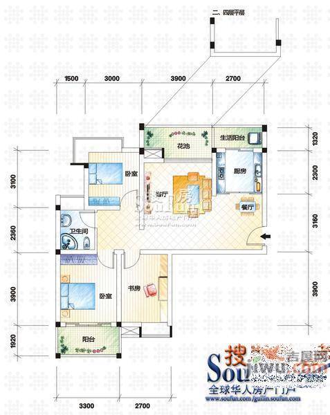 同和颐园3室2厅1卫89.8㎡户型图