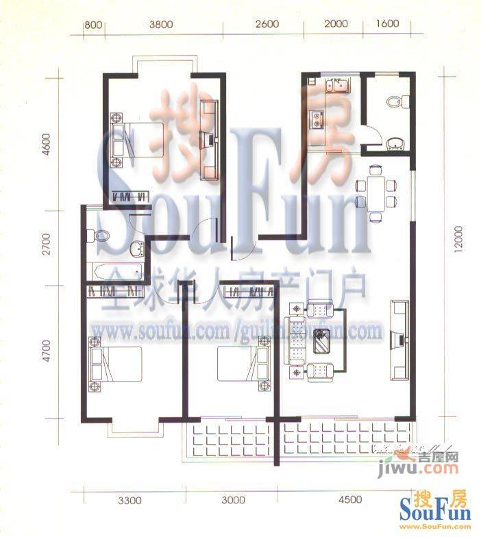 大龙家园3室2厅1卫100㎡户型图