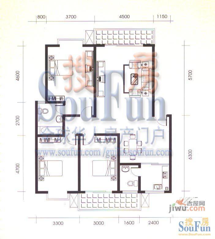 大龙家园3室2厅1卫100㎡户型图