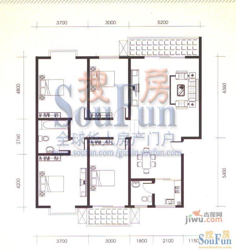 大龙家园3室2厅1卫100㎡户型图