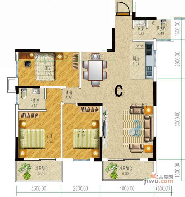 桂林独秀苑3室2厅2卫106.9㎡户型图