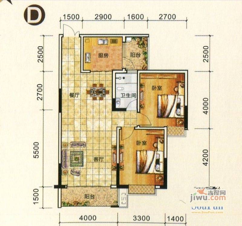 万象城益佳苑2室2厅2卫94.7㎡户型图