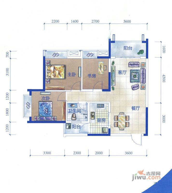 兴盛爱地社区3室2厅1卫90㎡户型图