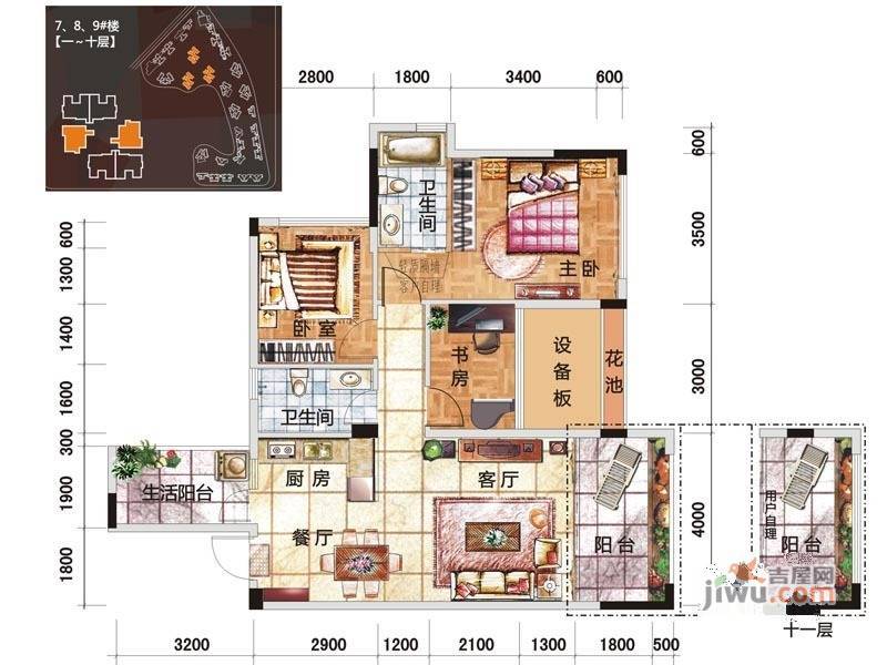 冠泰水晶郦城3室2厅2卫92.9㎡户型图