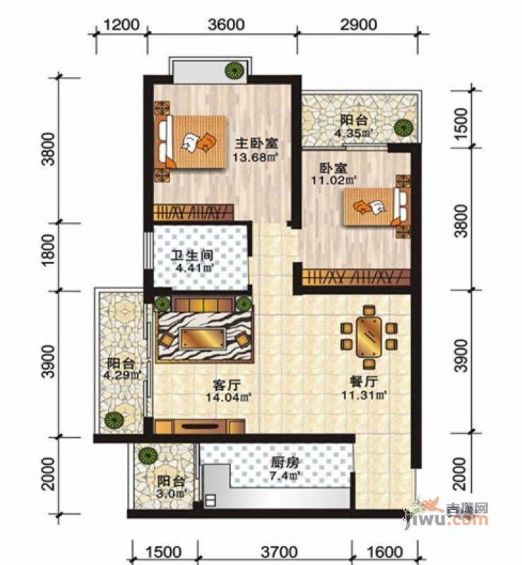 安厦尚城风景2室2厅1卫75.4㎡户型图