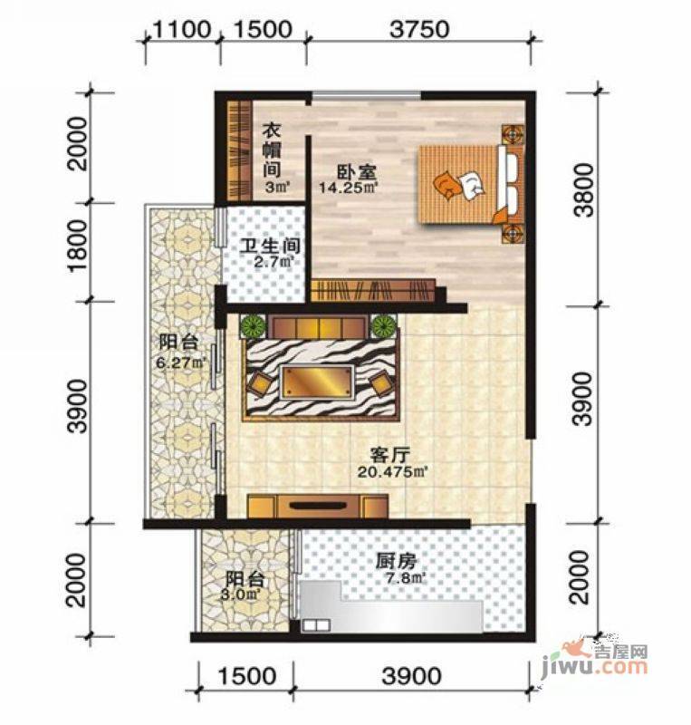 安厦尚城风景2室2厅1卫75.4㎡户型图