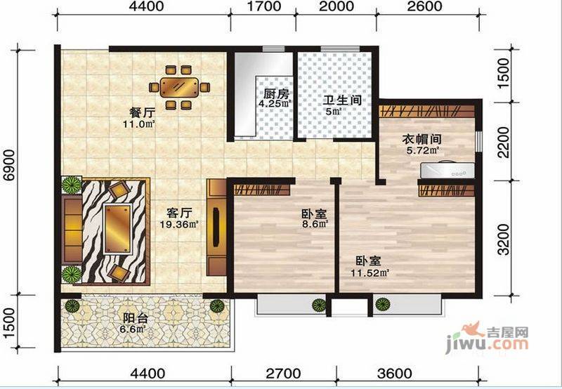 安厦尚城风景2室2厅1卫75.4㎡户型图