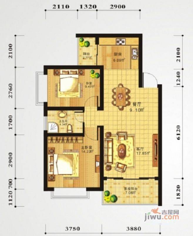 安厦尚城风景2室2厅1卫78.6㎡户型图